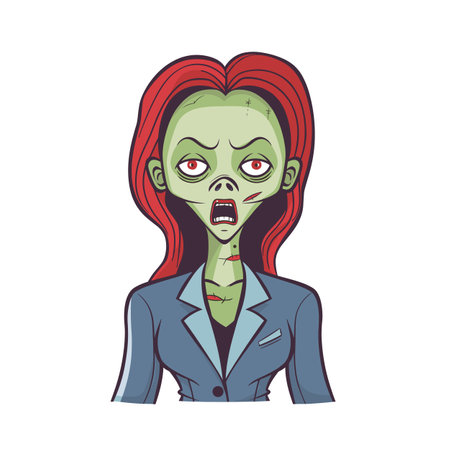 Female zombie wearing business suit looks surprised. Cartoon zombie businesswoman vampire red hair green skin. Animated undead character professional attire, shocked expressionのイラスト素材