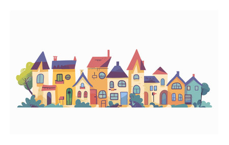 Colorful suburban neighborhood illustration showing diverse houses greenery. Cartoon style homes featuring various architectures trees bushes. Charming residential houses drawing, ideal communityのイラスト素材