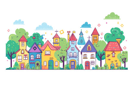 Colorful cartoon neighborhood variety houses, trees, bushes under clear sky. Whimsical cityscape featuring row stylized homes cheerful facades, playful elements. Illustration idyllic urban streetのイラスト素材