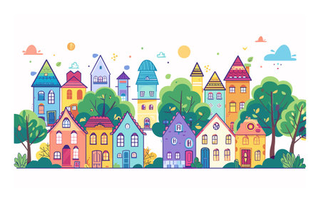 Colorful cartoon cityscape various cute houses, trees, clouds against clear sky. Brightly colored buildings, diverse architecture, tranquil urban scene childrens book illustration. Fantasy cityのイラスト素材