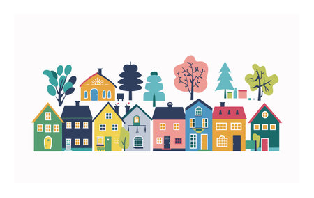 Colorful suburban neighborhood scene, various stylized houses trees. Cartoon residential street, colorful homes, peaceful town environment. Flat design urban landscape, community houses foliageのイラスト素材
