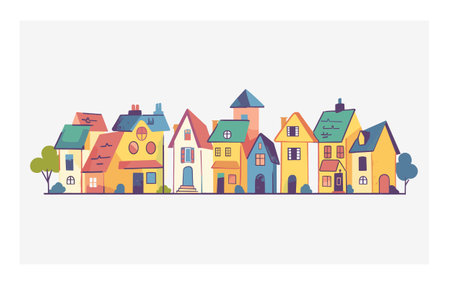 Colorful cartoon suburb neighborhood houses, town buildings, cartoon colorful residential architecture. Quaint town street various home designs, trees, stylized urban illustration. Pastelcoloredのイラスト素材