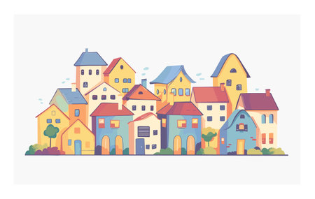 Colorful European village houses, quaint old town street, architecture. Cheerful pastelcolored buildings, whimsical village scene illustration. Cartoon style urban landscape, charming town housesのイラスト素材
