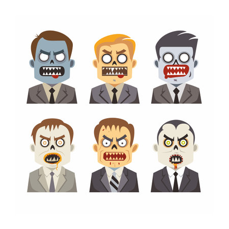 Six cartoon zombie businessmen expressing anger, hostility, and aggression. Male undead characters in suits, professional zombie attire, monstrous features. Horror themed comical illustration of aggressive zombie office workers.のイラスト素材