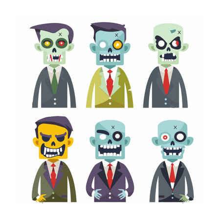 Six cartoon zombies wearing business suits flat design style. Colorful zombified businessmen various poses distinct facial expressions. Fun zombie characters ideal Halloweenthemed designのイラスト素材