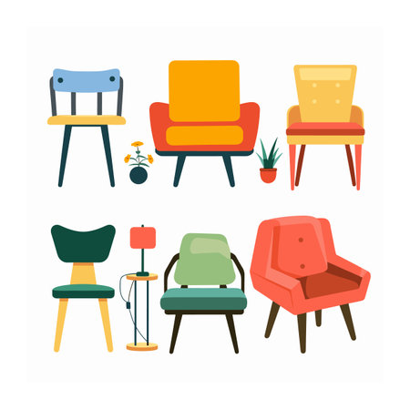 Collection modern chairs lamp colorful furniture design contemporary armchairs elements decor. Set cozy chairs stylish lounge room fashionable modern home vibrant seat. Furnitureのイラスト素材