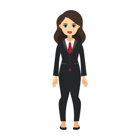 Professional female businesswoman wearing black suit standing confidently. Young woman dressed formal attire corporate environment. Cartoony character representing employee managerのイラスト素材