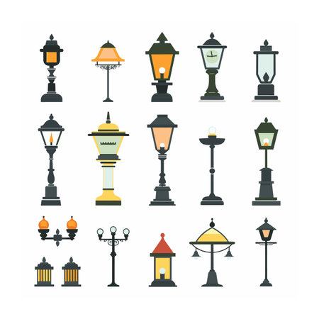 Various street lamps vector set isolated white background. Different styles streetlights, classic modern designs. Collection urban light fixtures, flat graphic style, lighting equipmentのイラスト素材