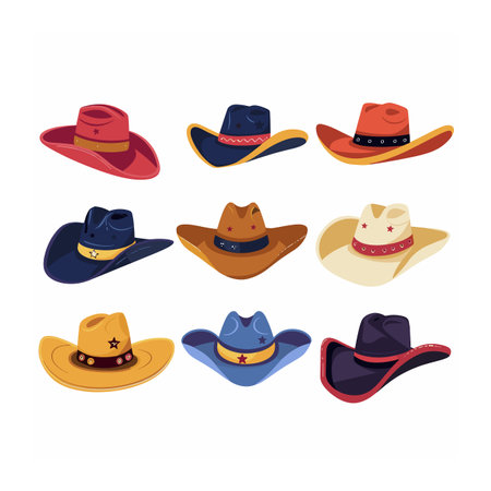 Collection diverse cowboy hats vector illustration isolated white background. Colorful western hats design variety, fashion accessories cowboy costume. Cartoon style hats, different shapesのイラスト素材