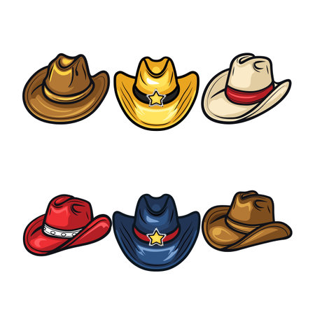 Six cowboy hats different styles colors depicted. Cartoon style western hats themed events, costumes. Top view varied cowboy hats, fitting western charactersのイラスト素材