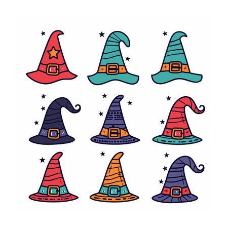 Collection colorful witch hats, various designs stars buckles magic. Set magical wizard headwear, Halloween accessory festive. Cute sorcerer hats, cartoon style isolated white backgroundのイラスト素材