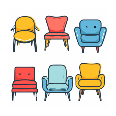 Six colorful midcentury modern chairs illustration, chair showcases unique style color, ideal interior design. Vibrant elements perfect home decor graphic furniture store icon setのイラスト素材