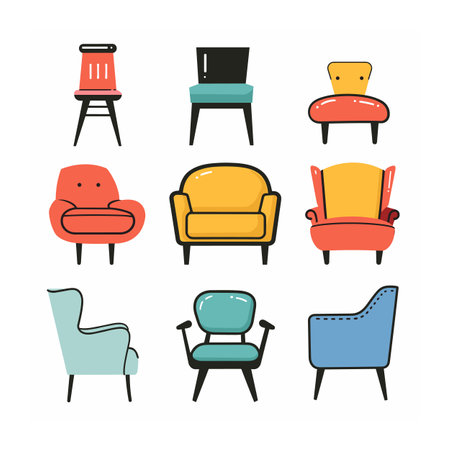 Collection colorful modern chairs armchairs. Different styles seating furniture illustrations. Set various trendy seats suitable interior designのイラスト素材