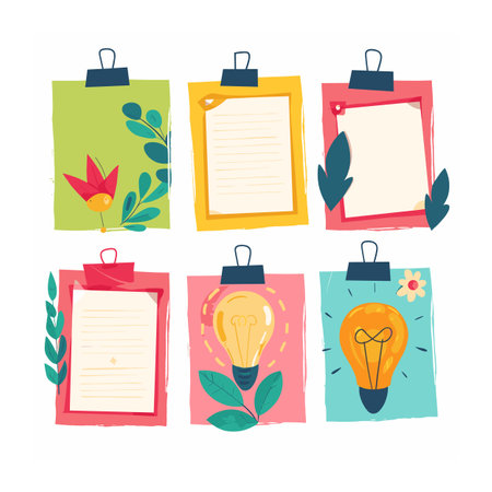 Clipboards colorful sheets creative designs including bird, lightbulbs, leaves, flower. Artistic stationery presentation concept vibrant colors nature motifs. Office school supplies organizationのイラスト素材
