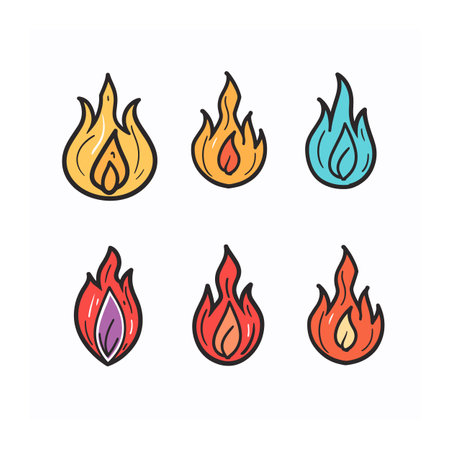 Six different flame icons varying colors styles, showing diversity fire. Brightly colored cartoon flames suitable various creative projects. Fire graphics set against isolated whiteのイラスト素材