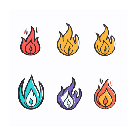 Six fire flames cartoon vector illustrations displayed separately. Colorful fire icons showing stylized flames red, yellow, blue, purple. Different shapes flame icons graphic designs isolated whiteのイラスト素材