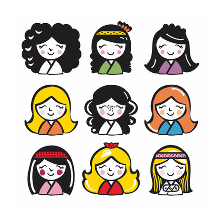 Collection cute cartoon female characters smiling. Diverse hairstyles, ethnicities, simple colorful clothing. Nine joyful girls expressing happiness, isolated white backgroundのイラスト素材