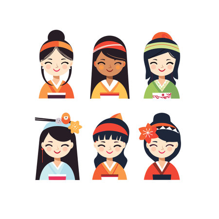 Set six diverse Asian female characters illustrated cute, flat design style, character features traditional clothing hair accessories, representing different Asian cultures. Smiling faces, colorfulのイラスト素材