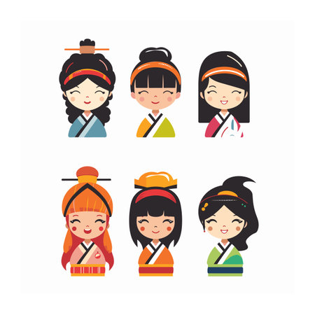 Six animated characters reflecting Asian culture, distinct hairstyle traditional attire. Cheerful expressions colorful clothing details suggest cultural diversity, perfect educational contentのイラスト素材