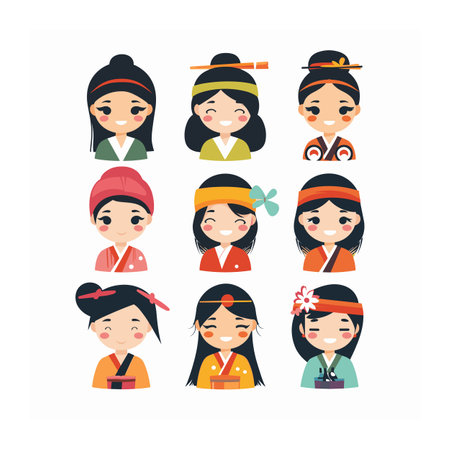 Assorted Asian female characters traditional outfits expressing happiness culture. Diverse hairstyles, clothing, accessories represent distinct Asian identities femininity. Smiling women conveyのイラスト素材