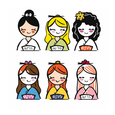 Six cartoon girls smiling, various hairstyles colors, cute doodle. Multicultural faces, diverse characters, joyful expressions, simple, playful illustration. Young females, decorative elementsのイラスト素材