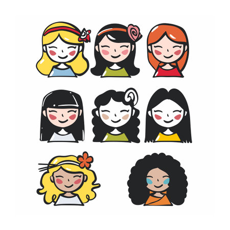 Nine diverse cartoon girls smiling, various hairstyles ethnicities. Cartoon female characters, faces joyful expressions, multicultural. Set cheerful girls, colorful, friendly, happy, diversity groupのイラスト素材
