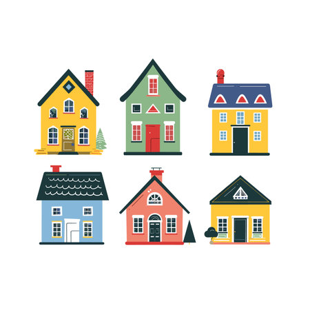 Collection colorful cartoon houses, different designs shapes, residential buildings. Set cute suburban homes, colorful facades, roofs, windows, isolated white background. Variety bright, houseのイラスト素材