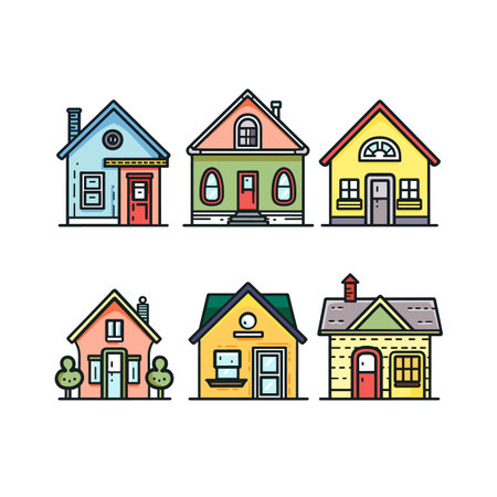 Six colorful cartoon houses displayed two rows, distinct architectural styles, suburban theme. Brightly colored facades cartoon family homes, simplistic style playful aesthetic. Illustration variousのイラスト素材