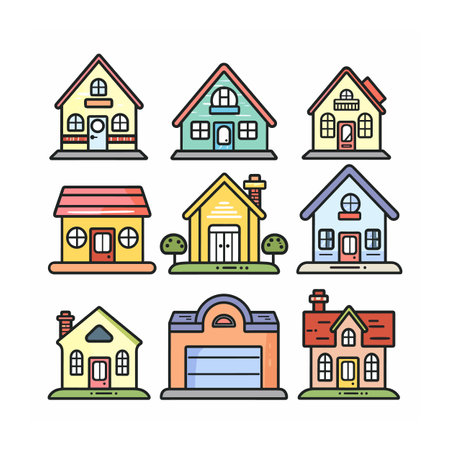 Collection colorful houses, various architecture styles, simple linear design. Residential buildings, real estate icons, front view, vibrant colors. Flat style suburban homes, cartoon housesのイラスト素材