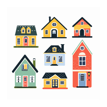 Collection colorful house illustrations showcasing different architectural styles. Flat design residential homes featuring unique windows, doors, roofsのイラスト素材