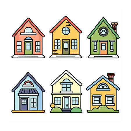 Vibrant cartoon houses set, five different colors designs. Residential theme, simple architecture, cheerful homes vector graphics. Colorful suburban houses, different types roof, windows doorsのイラスト素材