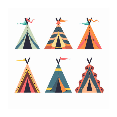 Six colorful teepees arranged two rows, featuring unique geometric patterns color schemes. Flat design style Native American tents used portable dwellings. Teepee icons suitable educationalのイラスト素材