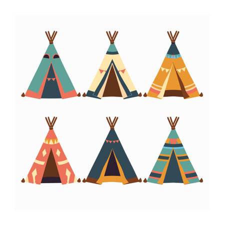 Collection colorful teepees traditional Native American homes flat design. Teepee tents tribal camp dwellings camping outdoors cultural representation. Set indigenous shelters nomadic life graphicsのイラスト素材