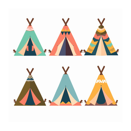 Collection six colorful teepees featuring unique designs, patterns, color combinations flat design style. Native American teepees arranged neatly against plain background ease use various designsのイラスト素材