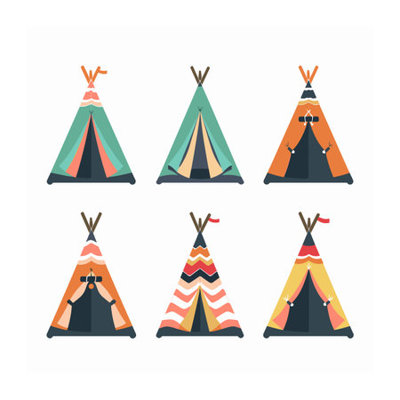Six colorful teepees arranged two rows featuring different designs decorations. Teepees geometric patterns, cultural symbols, styled variety hues. Flat design illustration native tents commonly usedのイラスト素材