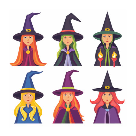Six cartoon witches wearing colorful robes hats, showing different hair colors expressions. Female witches distinctive hairstyles brooches, illustrated whimsical, bright style, white backgroundのイラスト素材