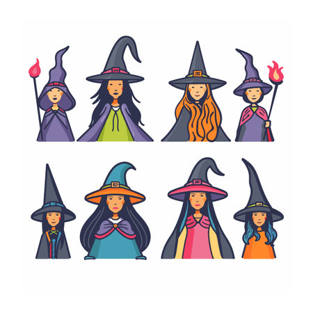 Six diverse cartoon witches wearing pointed hats, colorful outfits, performing magical gestures. Various hairstyles robes, playful expressions, magic flame, isolated white. Different stylesのイラスト素材