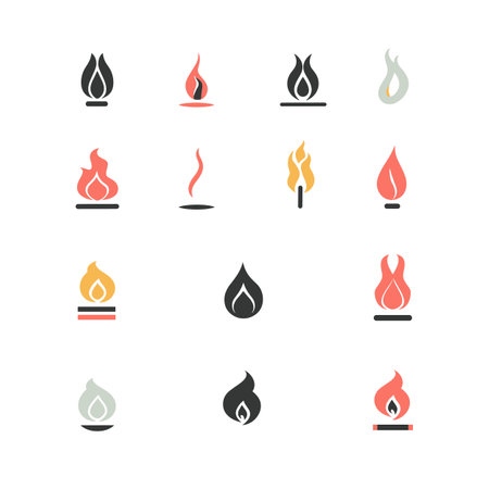 Set flame icon designs showing various styles shapes. Modern flat vector icons representing fire, suitable graphic design user interfaces. Simple stylized flame illustrations different colors webのイラスト素材