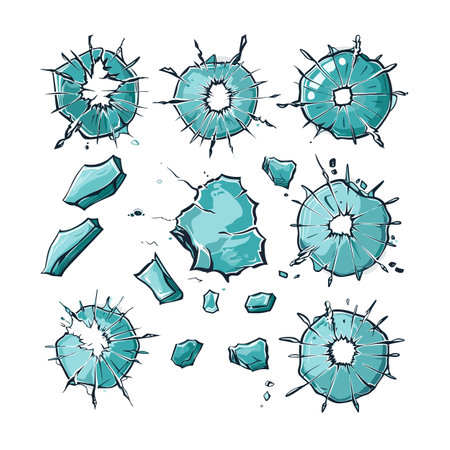Glass shattering cartoon effect collection depicted, breaking window graphics. Cracked glass pieces flying outward, comic book style destruction. Transparent blue shattered glass, dynamic breakageのイラスト素材