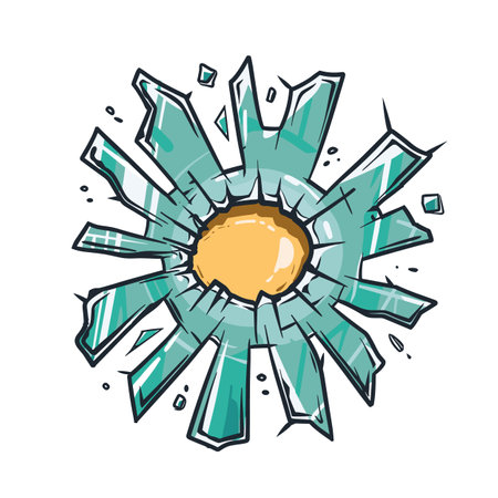 Broken glass cartoon illustration showing shattered pieces cracks central impact point. Vibrant turquoise yellow colors depict fragmented texture breakage. Artistic representation damaged windowのイラスト素材