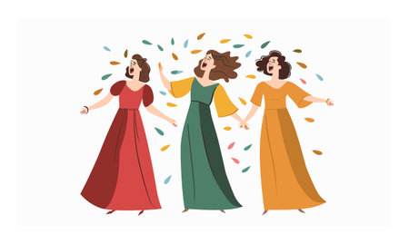 Three women celebrating, leaves confetti, happy expressive faces, elegant dresses, dancing pose. Group female friends colorful gowns hair down, joyous emotions, festive event illustration. Smilingのイラスト素材