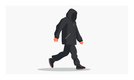 Hooded figure walking isolated grey, unidentifiable person hoodie, mysterious individual moving. Faceless character black coat pants, anonymity concept, anonymity, unknown person illustrated. Hoodedのイラスト素材