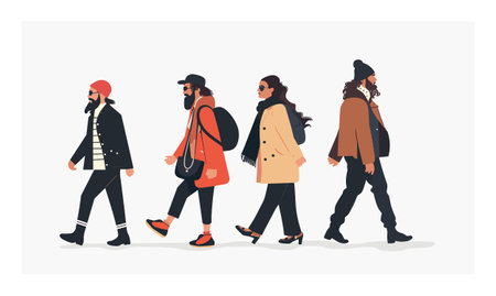 Four stylish people walking side side, diverse fashion styles, winter clothing. Men woman casual chic attire, beanie, scarf, sunglasses, backpack. Urban street style, cool weather outfits, groupのイラスト素材