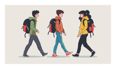 Three young adults walking side side, casual style, backpacks, talking, modern illustration. Male female characters conversation, urban fashion, neutral background, friendship concept. Animatedのイラスト素材