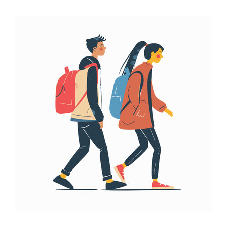 Young man woman walking side side, casual attire, backpacks, modern youth lifestyle. Students stroll together, urban fashion, vibrant colors, friendly demeanor. Youthful pair move, animated styleのイラスト素材