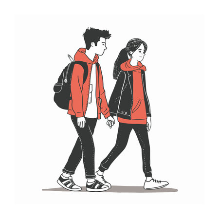 Young couple walking side side, both wearing casual red jackets sneakers. Male female characters holding hands, modern, isolated white background. Trendy youths outdoor casual wearのイラスト素材