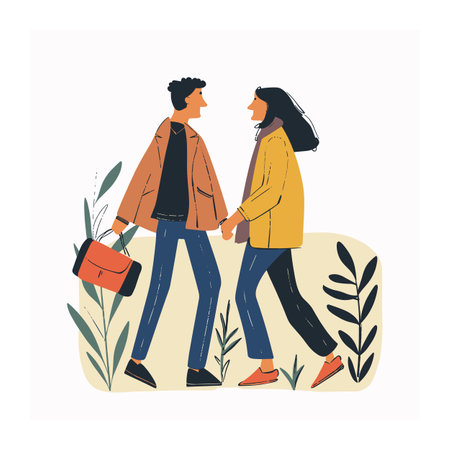 Couple walking together holding hands, animated style, casual clothing. Man woman enjoying leisurely stroll, fashionable attire, plants background. Young adults love, relaxed outdoor walk, stylishのイラスト素材