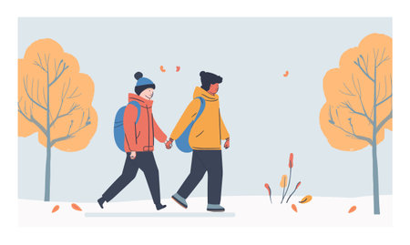 Two people walking through snowy park holding hands, dressed winter clothes, under autumn trees. Male female warm jackets enjoying leisurely stroll outdoors during cold weather. Characters seasonalのイラスト素材
