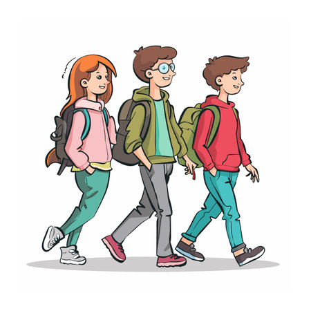Three students walking together, friends, casual attire, backpacks, youthful. Cartoon illustration teenage students, colorful clothing, friendly demeanor, walking. Vector graphic youngのイラスト素材