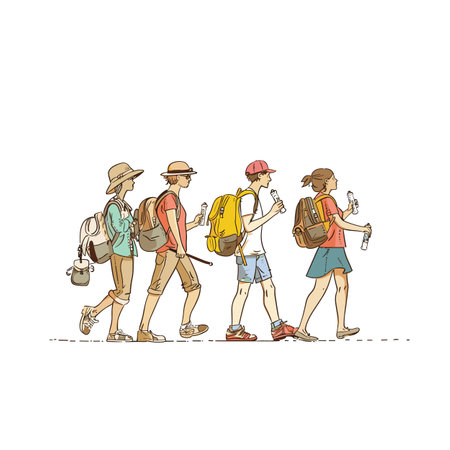 Four young adults hiking enjoying nature walk outdoors, male female backpackers trekking. Group friends walking together, casual exploration, outdoor adventure. Illustration hikers, backpackのイラスト素材